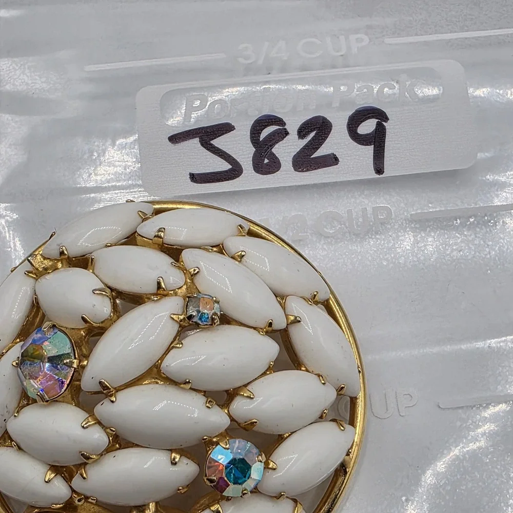 Vintage White Milk Glass AB Rhinestone Round Gold Tone Brooch Pin Cluster 2 Inch
